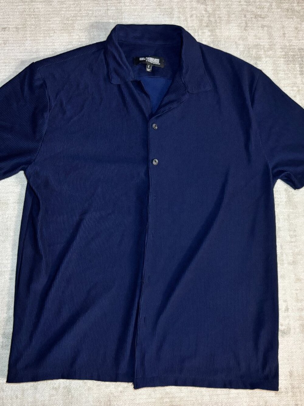 San Francisco Work Shirts Blue Ribbed Textured Short Sleeve Camp Shirt Size L